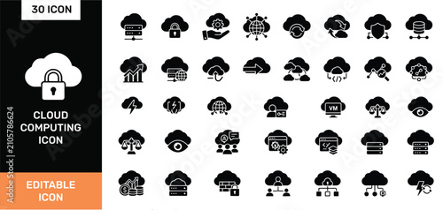 Cloud Database Glyph Icon Set – Server, SaaS, Hosting, Network Vector Pack