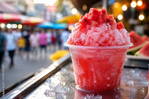Fresh watermelon shaved ice dessert served in a plastic cup at a night market