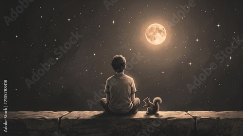 Quiet contemplation and companionship, a person sitting on a stone wall with a squirrel looking at a full moon in a starry night sky