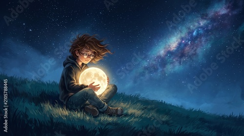 Wonder and imaginative discovery, a person sitting in a grassy field holding a glowing moon under a starry galaxy sky