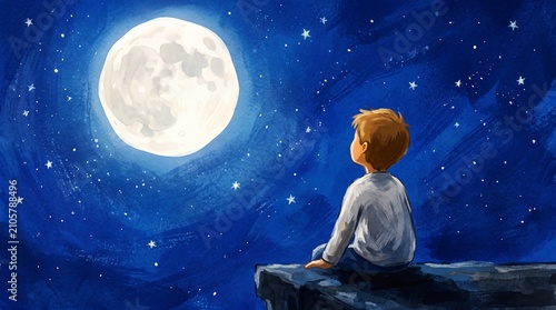 Wonder and exploration, a person sitting on a cliff looking at the full moon in the starry night sky, curiosity and imagination