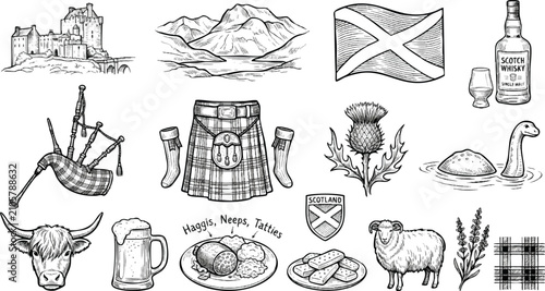 Scotland national symbols vector icon set. Traditional Scottish heritage illustrations for branding and design projects.