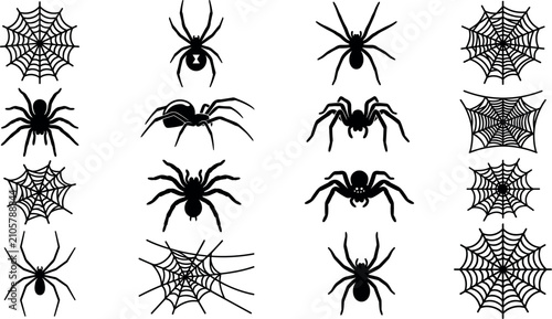Photos Black spider silhouette vector set including red black widow tarantula and detailed cobweb patterns for creepy Halloween graphic design elements isolated on white