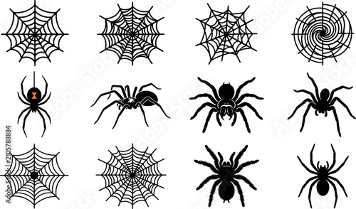 Fotografía Black spider silhouette vector set with red black widow tarantula and intricate cobweb patterns for creepy Halloween graphic design elements isolated on white