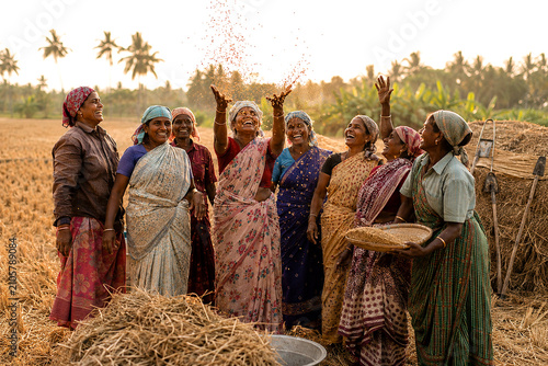 Group of South Indian Rural Women Farmers Celebrating Harvest Together in Golden Hour Rice Field