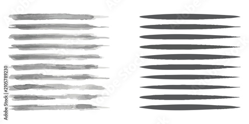Konstfotografi Set of horizontal grunge brush strokes and smooth sharp thin lines in dark grey