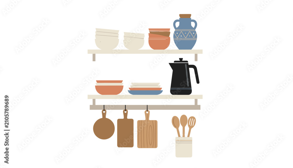 Fototapeta premium Wooden shelves with organized kitchen utensils plates bowls and cutting boards