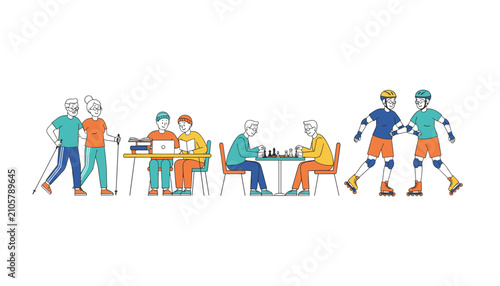 Senior citizens enjoying different healthy activities like walking studying chess and roller skating