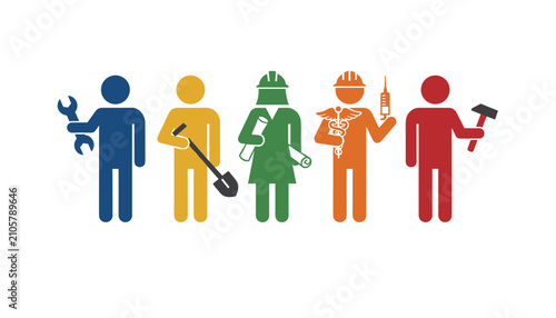 Colored pictograms representing various professions and their tools on a white background