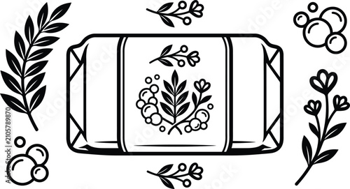 Fotografie A comprehensive monochromatic drawing featuring a wrapped bar of natural soap surrounded by ornamental floral foliage elements