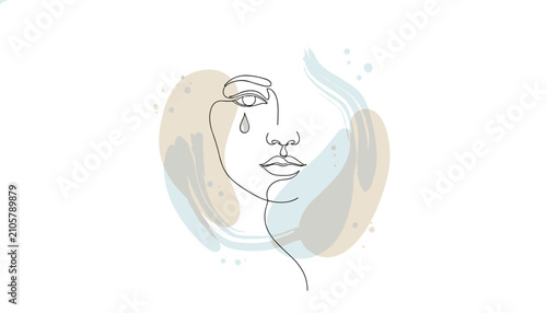Minimalist one line drawing of crying woman face with abstract watercolor shapes
