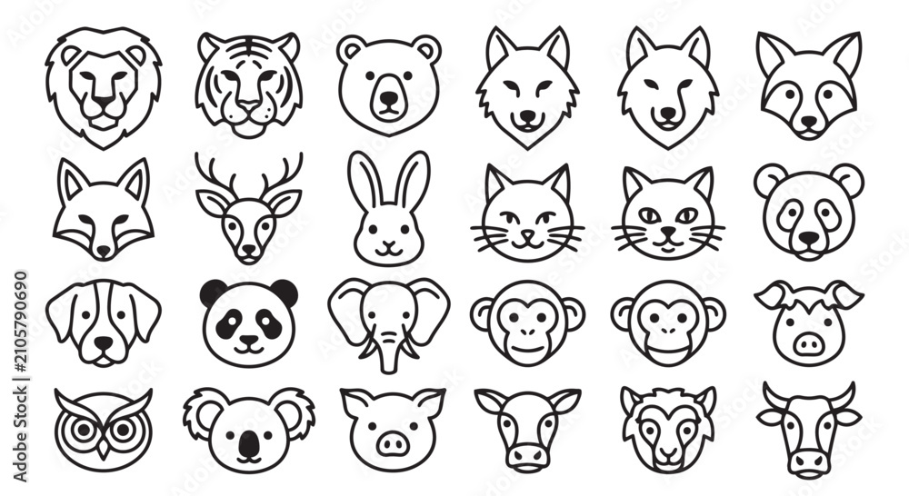 Obraz premium Set of animal head icons for wildlife design in outline style with wildlife collection elephant