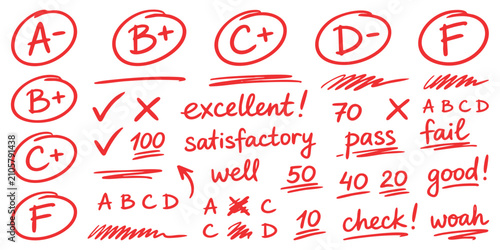 Fotografie Set of handwritten school grades and feedback comments written in red ink on a p