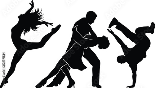 Photos Silhouettes of three different dancers performing ballet, ballroom, and breakdan