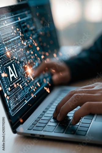 AI recruitment candidate screening automation on laptop with digital interface hiring system resume filtering artificial intelligence hr selection process talent acquisition decision making efficiency