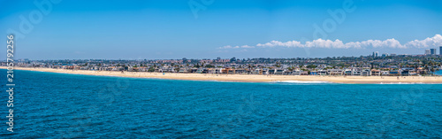 panoramic aerial landscape view of Balboa Beach located on Harbor Island, a small artificial island in Newport Beach, California, with a wide sandy beach and people sunbathing, Newport Beach cityscape