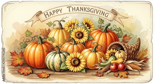 Vintage Thanksgiving holiday still life with pumpkins and gourds.