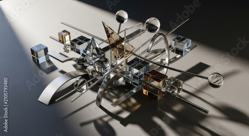 Abstract 3D Composition with Spheres Cubes and Rods