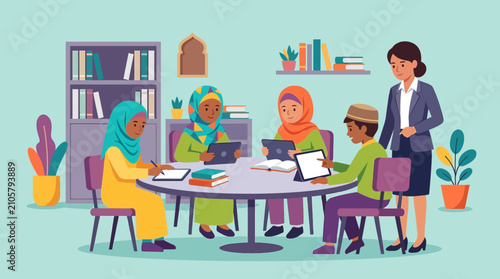 A dedicated teacher guides a diverse group of primary school children while they study and interact together during an educational session in a classroom setting featuring books and digital