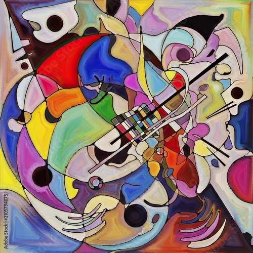 Abstract expressionist painting with colorful fluid shapes and lines.