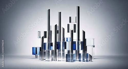 Abstract geometric sculpture with glass and chrome pillars.