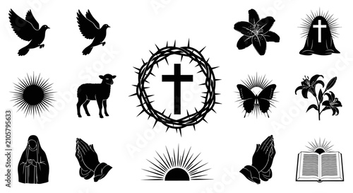 Фотография Collection of religious and spiritual symbols including cross crown of thorns pr
