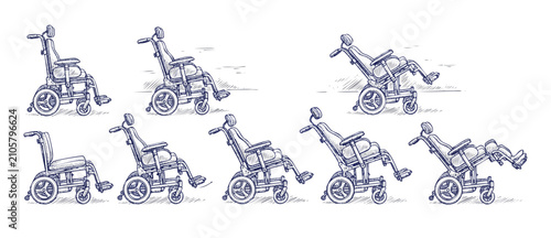 Wheelchair sketch adjustable reclining mechanism showing multiple positions for medical mobility aid design healthcare rehabilitation accessibility technical line art blueprint illustration elements.