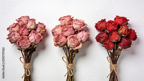 featuring three bouquets of dried roses arranged in a horizontal layout against a plain white background. Each bouquet consists of tightly clustered roses with varying shades of pink and red, exhibiti