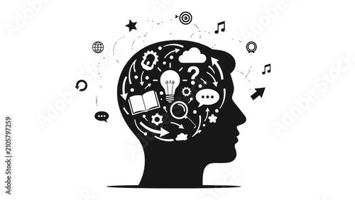 Foto Silhouette of a human head filled with various icons representing thoughts, ideas, and learning, symbolizing the complexity of the human mind