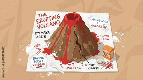 Handmade volcano science project by Maya age eight showing erupting lava flow using baking soda and vinegar experiment model on white paper with handwritten labels for elementary education.