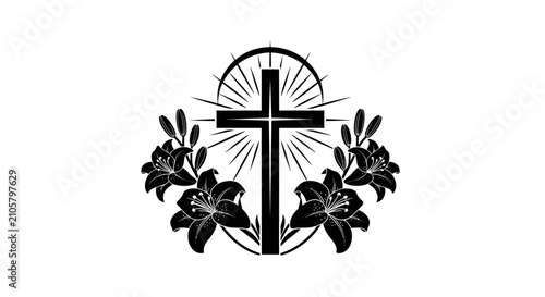 Фотография Elegant black and white christian cross surrounded by lilies with radiant light