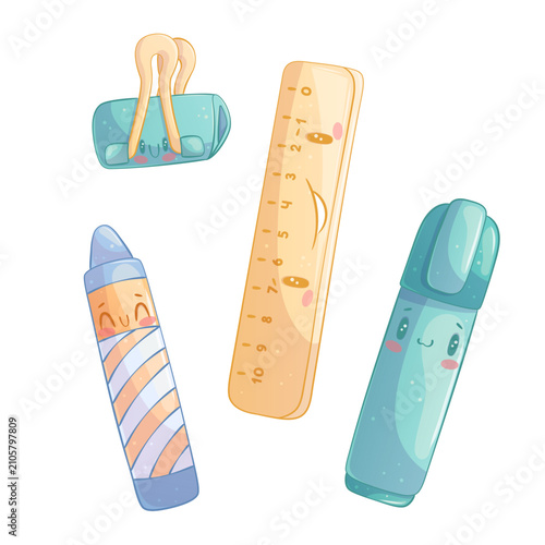 A set of hand-drawn cute cartoon characters of a stationery tool. Ruler, clip, marker, wax crayon. Cartoon children's vector illustration for the design of posters, postcards for printing, textiles