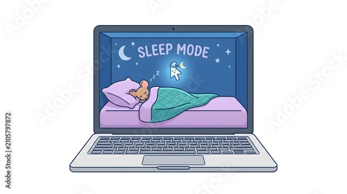 Sleep mode illustration on laptop screen with sleeping mouse character under moon and stars text sleep mode and zzz symbol representing rest and relaxation.
