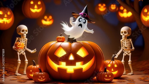 Whimsical Halloween scene with skeletons and ghost. Animated jack-o-lanterns in spooky forest.