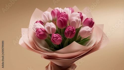 Hand holding a bouquet of pink tulips. Fresh spring flowers wrapped in elegant paper.