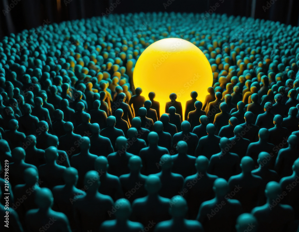 Obraz premium Large crowd of dark silhouetted figures standing around a glowing yellow sphere.