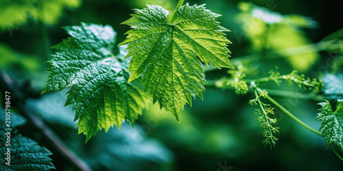 Green leaf with water droplets on a lush plant background