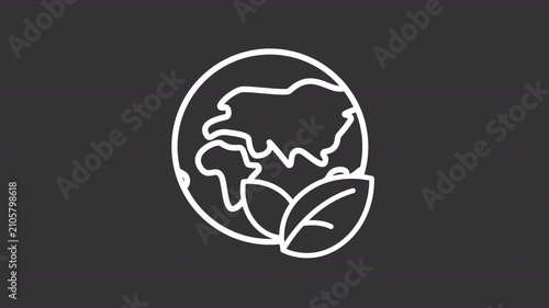 Animated Earth globe with leaves white line icon. Environmental science animation. Virgin nature areas conservation. Ecology care. Isolated element on dark background. Alpha transparent video