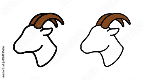 Goat head silhouette with brown horns linear graphic design