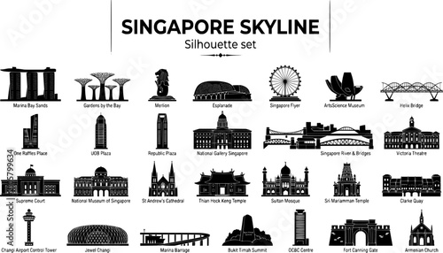 Singapore City Skyline Landmark Silhouette Set Black White Travel Bundle Vector Illustration Isolated White Background