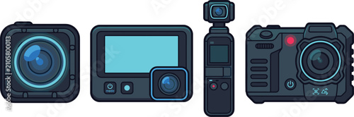 Bild auf Leinwand Modern action cameras set, featuring diverse compact video recording devices, blue light accents, vector