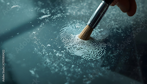  intricate brush dusting reveals faint fingerprints on a smooth glass surface,  forensic scene; Symbolizing Forensic Investigation Process, created with generative ai