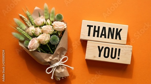 A beautiful bouquet of pale pink roses and decorative dried plants wrapped in brown paper with a thank you sign on an orange background