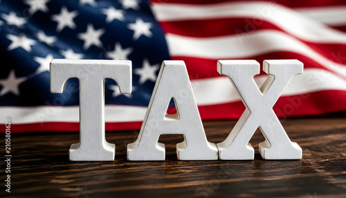  wooden letters spelling the word TAX arranged on a dark wooden desk, blurred United States flag in the background, financial planning and taxation concept, created with generative ai