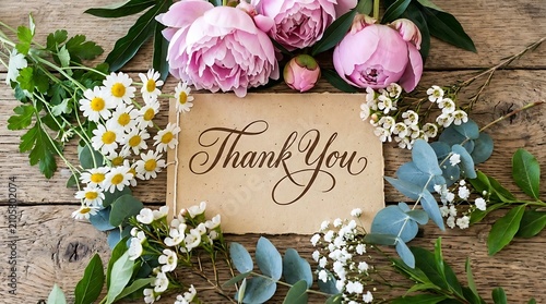 Thank you card with pink peonies, daisies, and eucalyptus leaves on a rustic wooden background