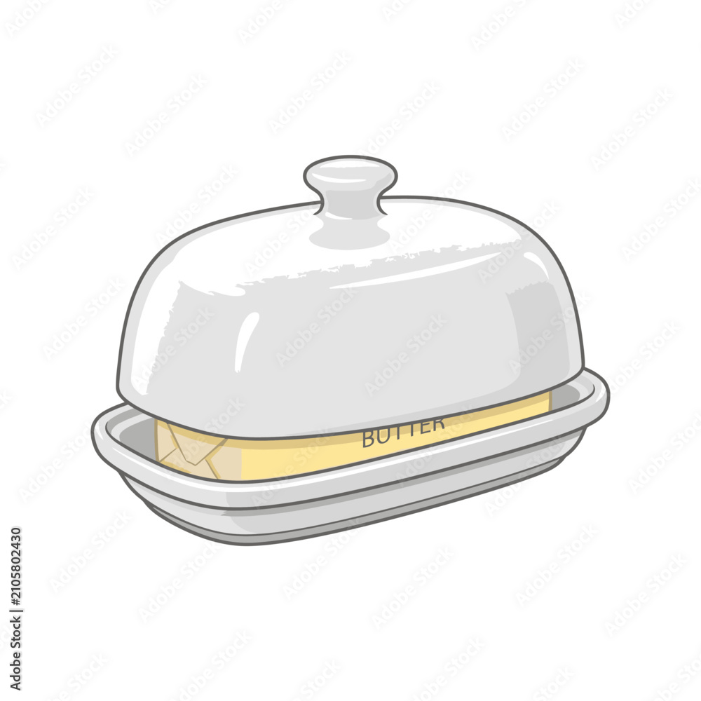 Fototapeta premium A classic butter dish holding a stick of butter. The dish is white ceramic with a lid
