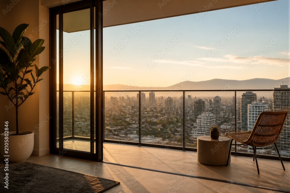 Obraz premium Rattan chair on balcony overlooking city skyline at sunrise