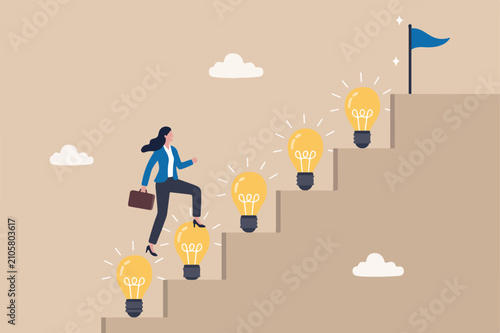 Career success with business knowledge or creativity, woman leadership or career growth and achievement concept, smart businesswoman walking on innovative light bulb idea lamp as stairway to success