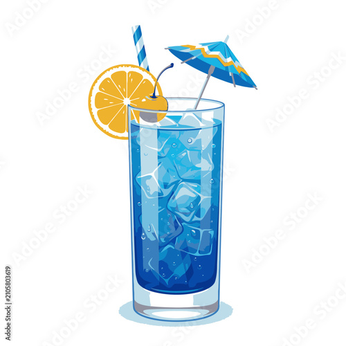 A refreshing blue cocktail garnished with orange slice, cherry, straw, and tiny umbrella