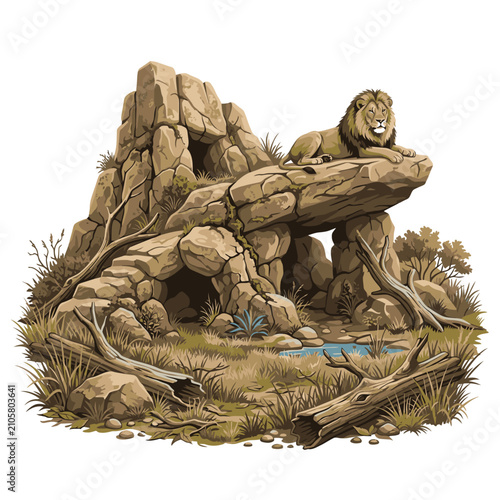 A majestic lion rests atop a rocky outcrop in its natural savanna habitat. The scene depicts a tranquil moment of wildlife in the African wilderness.
